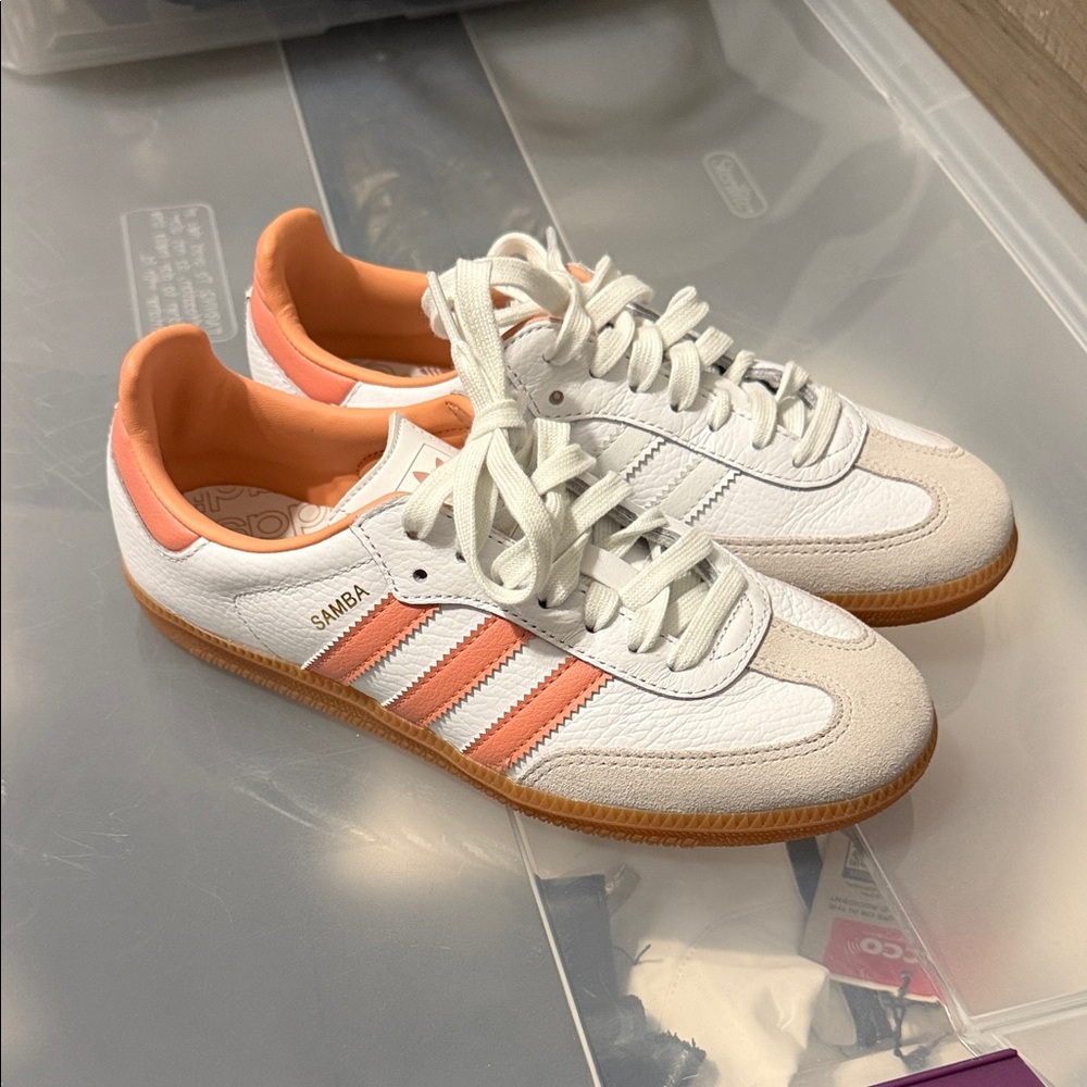 Adidas Samba White and Coral Sneakers